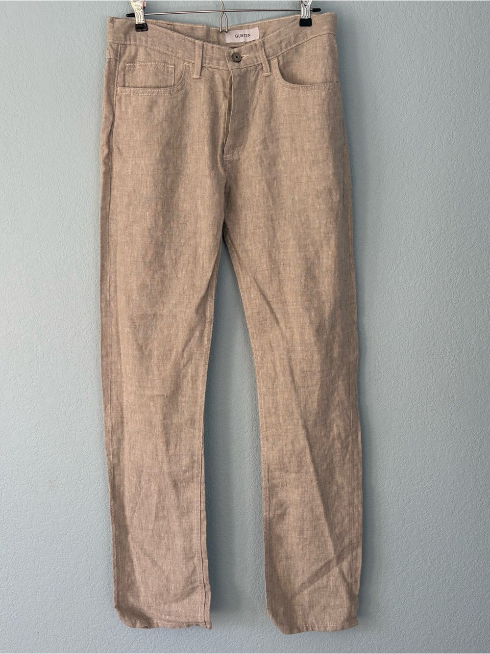 Gustin Men’s Rustic Linen Beige Button Fly Pants 5-Pocket Straight